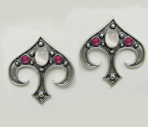 Sterling Silver Gothic Inspired Drop Dangle Earrings With White Moonstone And Pink Tourmaline